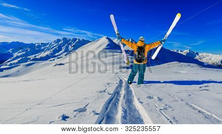 Skiing with amazing view of swiss famous mountains in beautiful winter snow  Mt Fort. The matterhorn and the Dent d'Herens. In the foreground the Grand Desert glacier.