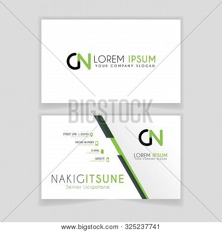 Simple Business Card With Initial Letter Cn Rounded Edges With Green Accents As Decoration.