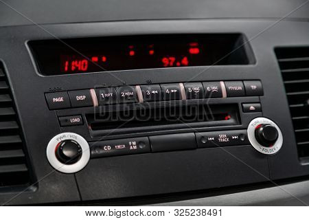 Novosibirsk, Russia - September 07, 2019:  Mitsubishi  Lanser, Close-up Of The Black  Dashboard, Aud