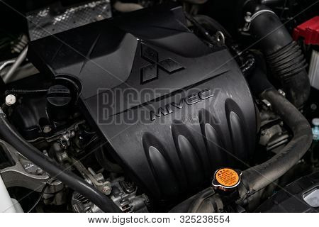 Novosibirsk, Russia - September 07, 2019:  Mitsubishi  Lanser, Close Up Detail Of  Car Engine, Front