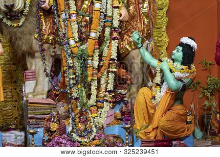 Kolkata, India - October 17, 2018 : Hindu God Shri Ram Chandra Worshipping Goddess Durga, Called Aka