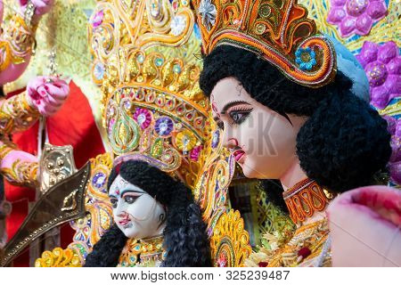 Kolkata, India - October 17, 2018 : Decorated Idol Of God Kartik And Goddess Saraswati, Brother And 