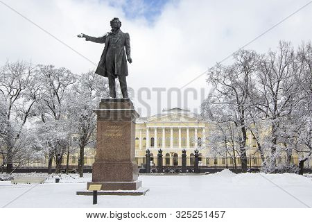 Saint-petersburg, Russia - March 20, 2018: Monument Statue To Aleksander Pushkin On Square Of Arts N