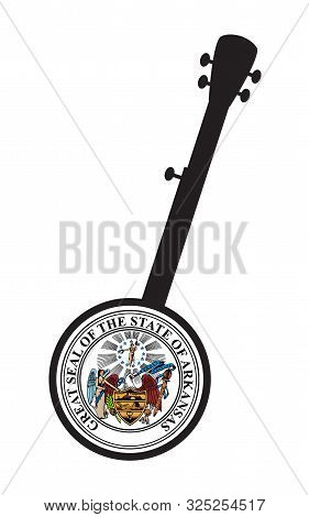 A Typical Five String Banjo In Silhouette On A White Background Woth The Icon From The State Seal Of
