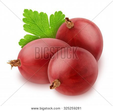 Group Of Ripe Sweet Gooseberries With Leaves Isolated On White Background.