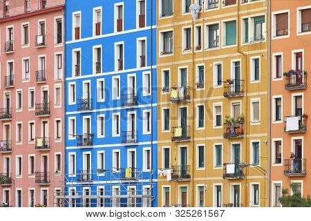 Traditional Colorful Building Facades In Bilbao Old Town, Spain