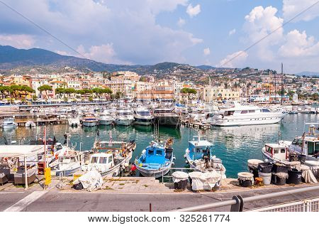 Sanremo, Italy - September 01, 2019: The View On Sanremo Port Full Of Sea Boats, Ships And Yachts. S