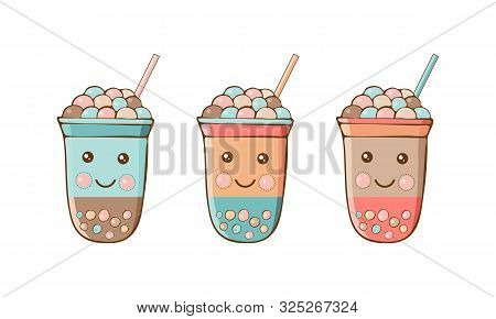 Cute Kawaii Character Black Tapioca Pearls. Bubble Tea Isolated On White Background. Cartoon Vector 