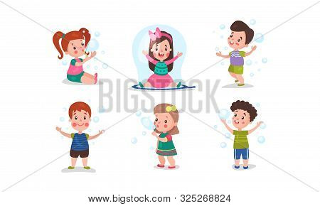 Set Of Six Vector Illustrations With Children Having Fan With Bubble Blower