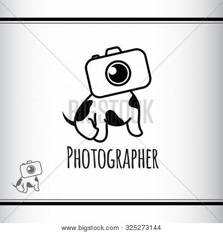 Vector Logo Design For Photographer Studio. Cute Puppy With Head Like Camera. Black And White. Dog W