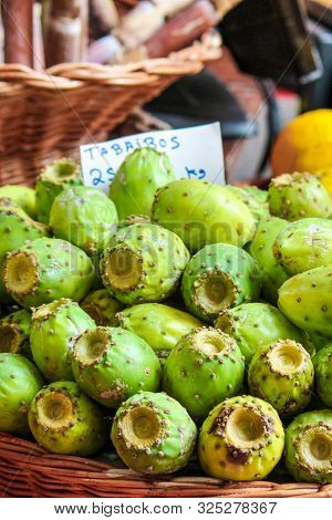 Green Opuntia Fruits On A Local Market In Funchal, Madeira, Portugal. Prickly Pear Or Indian Figs. E