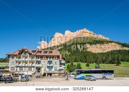 Costalunga,italy - September 4,2019 - At The Costalunga Pass In Italian Dolomites. Costalunga Pass (