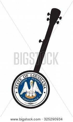 A Typical Five String Banjo In Silhouette On A White Background Woth The Icon From The State Flag Of