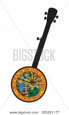 A Typical Five String Banjo In Silhouette On A White Background Woth The Icon From The State Flag Of