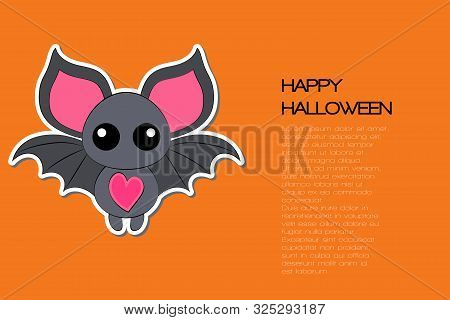 Happy Halloween! Funny Caartoon Bat On Orange Background. Vector Isolated Illustration