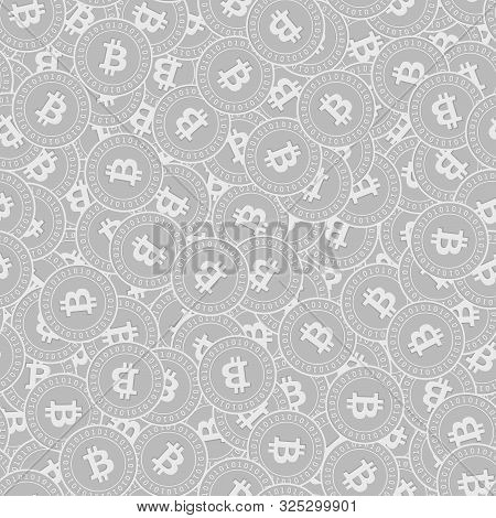 Bitcoin, Internet Currency Silver Coins Seamless Pattern. Likable Scattered Black And White Btc Coin