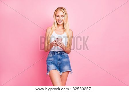Portrait Of Positive Girl Use Her Cell Phone Comment Feednews Posts Wear Good Look Outfit Isolated O