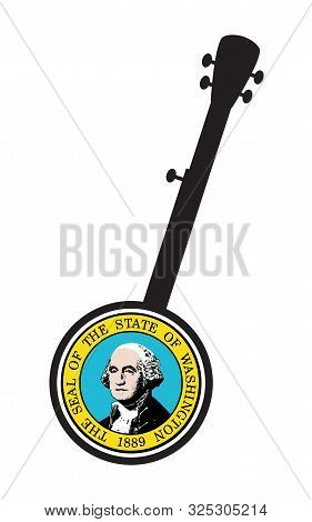 A Typical Five String Banjo In Silhouette On A White Background Woth The Icon From The State Seal Of