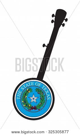 A Typical Five String Banjo In Silhouette On A White Background Woth The Icon From The State Seal Of