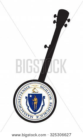 A Typical Five String Banjo In Silhouette On A White Background Woth The Icon From The State Flag Of