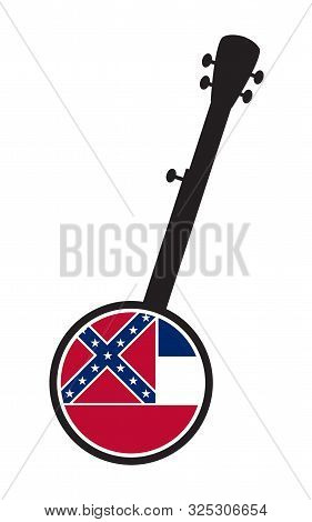 A Typical Five String Banjo In Silhouette On A White Background Woth The Icon From The State Flag Of