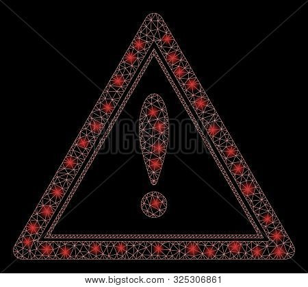 Glowing Mesh Warning Triangle With Glow Effect. Abstract Illuminated Model Of Warning Triangle Icon.