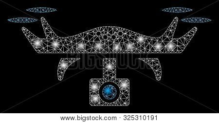 Glossy Mesh Video Spy Copter With Glare Effect. Abstract Illuminated Model Of Video Spy Copter Icon.
