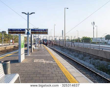 Tel Aviv-yafo, Israel, September 17, 2019 : A Train Arrives At Tel Aviv University Station On The Is
