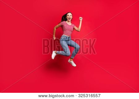 Full Length Body Size Trendy Photo Of Crazy Winning Victorious Girl Wearing Jeans Denim Crazily Runn