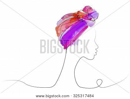 Continuous Line Drawing And Colorful Watercolor Of Afro Woman. Shenbolen Ankara Headwrap Women Afric