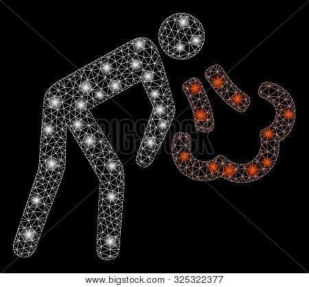 Glossy Mesh Vomiting With Glare Effect. Abstract Illuminated Model Of Vomiting Icon. Shiny Wire Carc