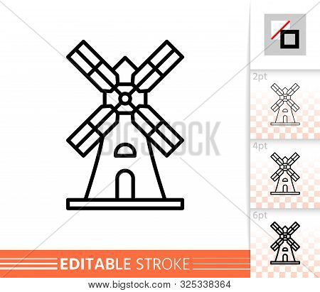 Windmill Single Line Icon. Farm Grain Flour Mill Flat Banner. Wind House Poster. Gristmill Linear Pi