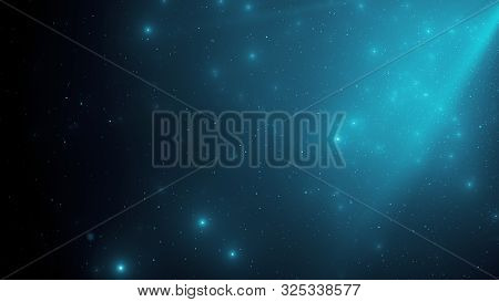 Abstract Background Of Sparkling Floating Blue Dust Particles And Rays Of Light On An Isolated Black
