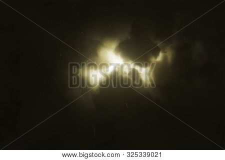 Brightly Sparkling Lightning Breaks Through The Dense Storm Clouds In The Night. Epic Flash Of Light