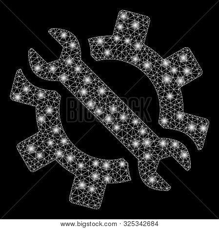 Glowing Mesh Wrench And Gear Tools With Glare Effect. Abstract Illuminated Model Of Wrench And Gear 