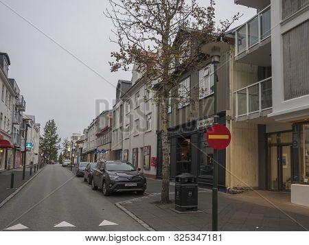 Iceland, Reykjavik, July 30, 2019: Empty Main Street In Reykjavik City Center. Early Morning, Mooody