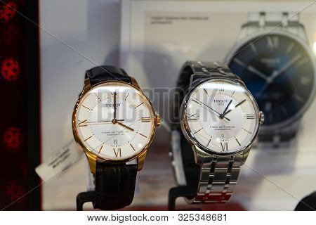 Chelyabinsk Region, Russia - August 2019. Tissot Brand Watches. Tissot Luxury Watches At Showcase Fo