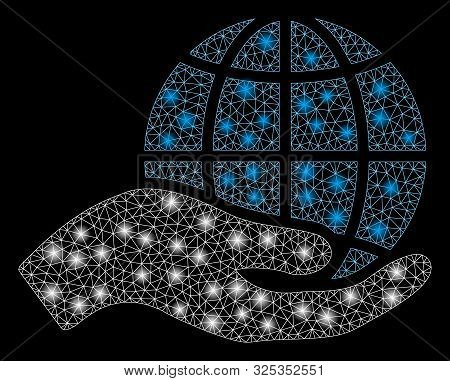 Glowing Mesh World Class Offer Hand With Sparkle Effect. Abstract Illuminated Model Of World Class O