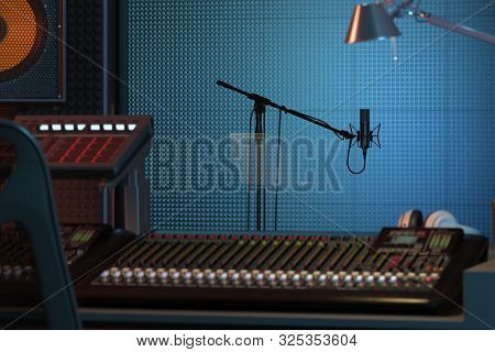 Studio Computer Music Station Set Up. Professional Audio Mixing Console. 3d Rendering.