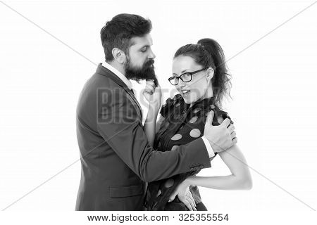Knowing His Dirty Secrets. She Knows How Achieve Success. Colleagues Man With Beard And Pretty Woman