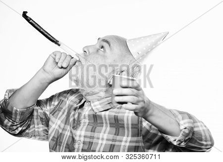 Man Bearded Grandpa With Birthday Cap And Drink Cup. Birthday Crazy Party. Ideas Seniors Birthday Ce