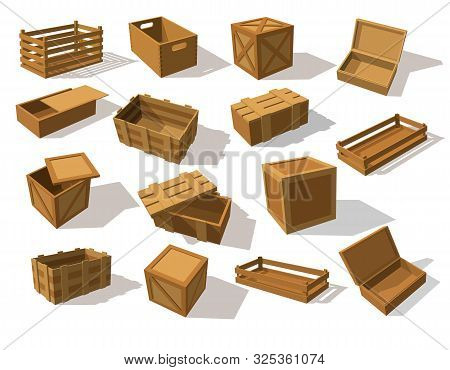 Wooden Packs Or Wood Boxes For Packaging. Set Of Isolated Mockup Or Closeup Of Lumber Cargo Square C