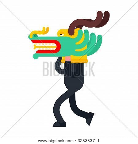 Man In Chinese Dragon Mask Face. China Holiday Mythical Monster Hesd. National Folk Beast. Vector Il