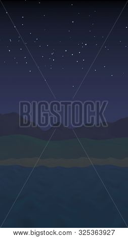 Starry Moonless Sky. Ocean Shore Line With Waves On A Beach. Island Beach Paradise With Waves. Vacat