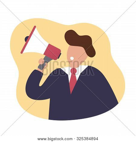 Business Man And Loudspeaker. Vector Illustration In Cartoon And Flat Style.