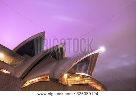 Sydney, Australia - June 02, 2018: Close Up View Of The Iconic Sydney Opera House At Night During Vi
