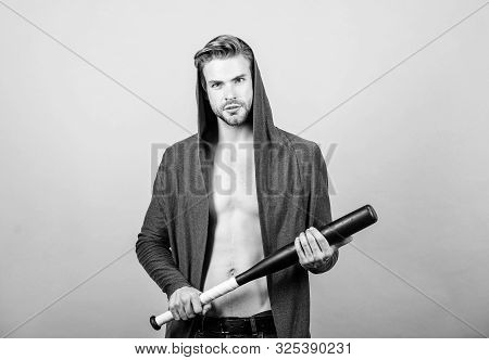 Sport Equipment. Sportsman Strong Macho Looks Threatening With Bat. Bully Mood. Bad Boy Concept. Man