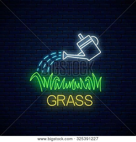 Neon Sign Of Watering Can And Plot Of Grass. Lawn Irrigation Concept In Neon Style. Vector Illustrat