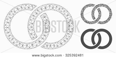 Mesh Wedding Rings Model With Triangle Mosaic Icon. Wire Carcass Polygonal Mesh Of Wedding Rings. Ve