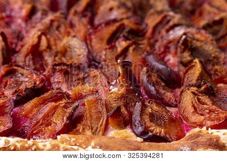 Closeup Of Bavarian Plum Pie On Dark Wood